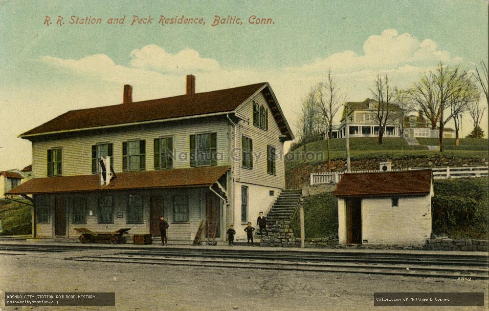 Postcard: Railroad Station and Peck Residence, Baltic, Connecticut